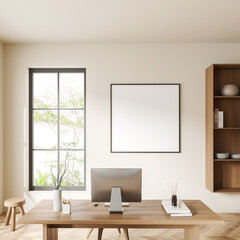 Light office room interior with workplace and panoramic window. Mockup frame