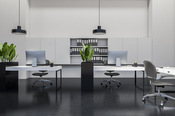 Office interior with pc computer, desk and shelf with documents