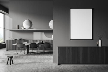 Grey meeting room interior with chairs and table, panoramic window. Mockup frame