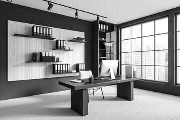 Grey office interior with work table, shelf and documents, panoramic window