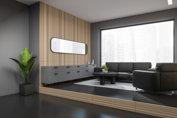 Grey chill room interior with couch and drawer, panoramic window