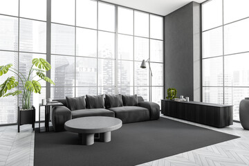 Grey lounge interior with sofa and drawer with decoration, panoramic window