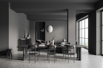Grey living room interior with dining table and relax area, panoramic window