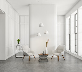 Light chill interior with chairs and decoration on coffee table, panoramic window