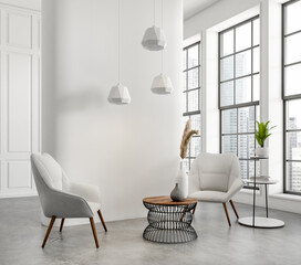 Light relax interior with chairs and coffee table with decoration, panoramic window