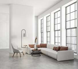 Light relax interior with couch and coffee table, panoramic window