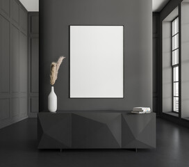Grey living room interior with drawer, panoramic window and mockup frame