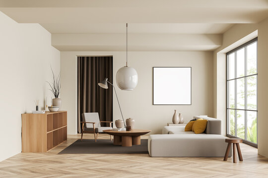 Light chill interior with chair and couch, shelf and panoramic window. Mockup frame