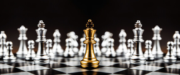 King chess piece stand on chessboard concepts of competition challenge of leader business team or teamwork volunteer or wining and leadership strategic plan and risk management or team player.