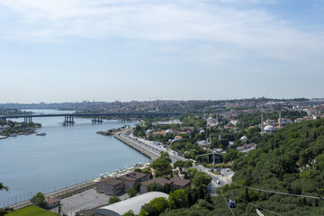 Fototapeta na wymiar Wide Eyupsultan view from Pierre Loti, Golden Horn with skyline, trees with blue sky, beautiful landscape in Istanbul, Halic car bridge top view, known as Halic