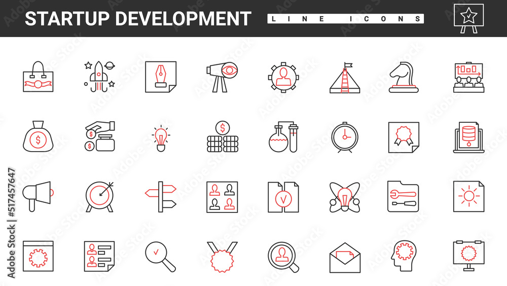 Poster Business startup development thin red and black line icons set vector illustration. Abstract target marketing analysis and brainstorm, creative strategy, mindset and vision for product launch