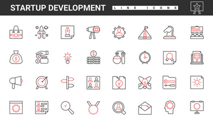 Business startup development thin red and black line icons set vector illustration. Abstract target marketing analysis and brainstorm, creative strategy, mindset and vision for product launch