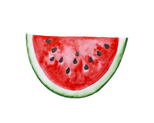 Watermelon slice, watercolor illustration, hand drawing. Ripe red slice of watermelon with seeds, single element isolated on white background, sketch.
