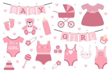 A set of stickers for the birth of a girl. Elements for designing postcards, posts, invitations.
