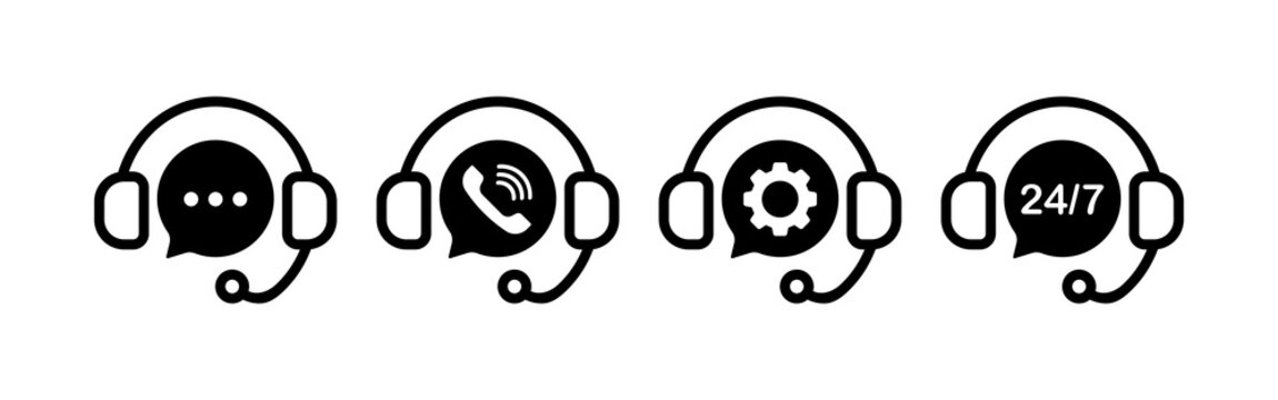 Support Service Set Icon. Call Centre, Speech Bubble, Phone, Landline, Gear, 24 7, Around The Clock, Operator, Twenty Four Seven, Help. Hotline Concept. Vector Line Icon For Business And Advertising