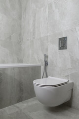 modern bathroom interior, bathroom with gray tiles with stone texture, bowl