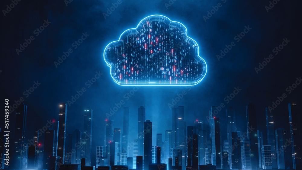Poster 3d rendering of digital binary data cloud at night over virtual neon city. concept for cloud computi