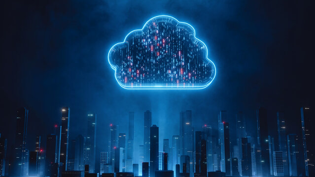 3D Rendering of digital binary data cloud at night over virtual neon city. Concept for cloud computing technology, product background