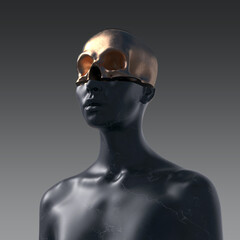 Abstract concept sculpture illustration from 3D rendering of black marble female figure sliced cut head with shiny golden skull upper part and isolated on background.