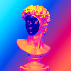 Abstract illustration from 3D rendering of a white marble bust of male classical sculpture with black face cutout on a pedestal and isolated on background in colorful vaporwave palette.