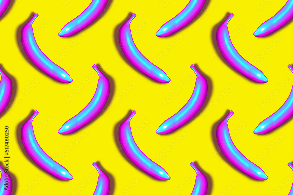 Poster seamless pattern of blue and pink iridescent 3d rendered bananas on yellow background with drop shad