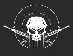 Vector human skull image with two crossed assault rifles, vector military logo isolated on white background.
