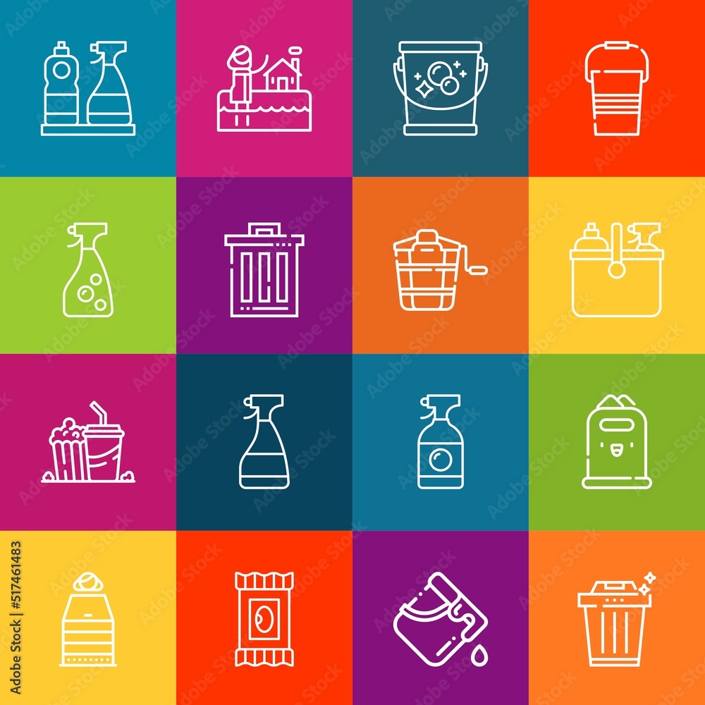 Poster modern thin line icons set of bucket elements. premium quality outline symbol collection. simple mon