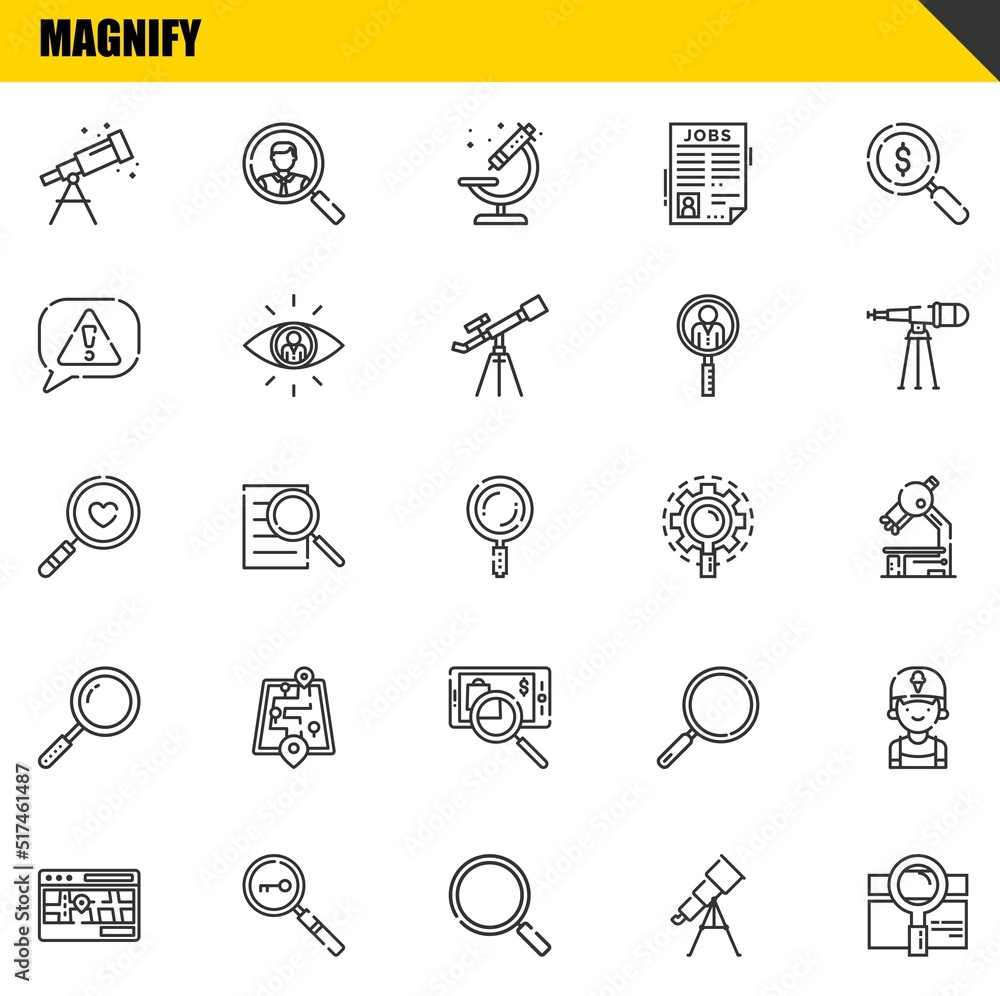 Poster magnify vector line icons set. telescope, street map and magnifying glass icons. thin line design. m