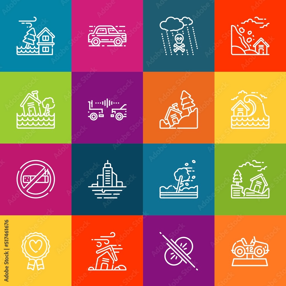 Poster modern thin line icons set of damage elements. premium quality outline symbol collection. simple mon