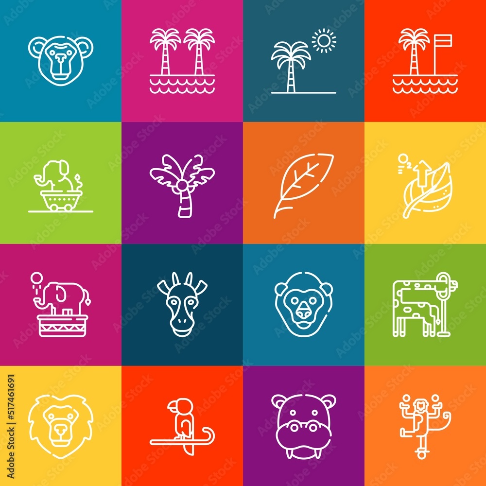 Poster modern thin line icons set of jungle elements. premium quality outline symbol collection. simple mon