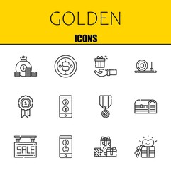 golden vector line icons set. coin, coin and gift Icons. Thin line design. Modern outline graphic elements, simple stroke symbols stock illustration