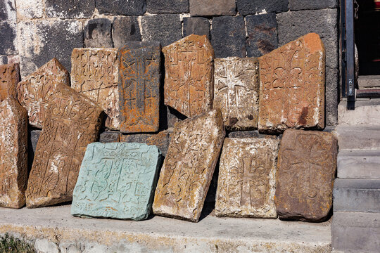 Ancient stone khachkar. Sevanavank monastery in Armenia