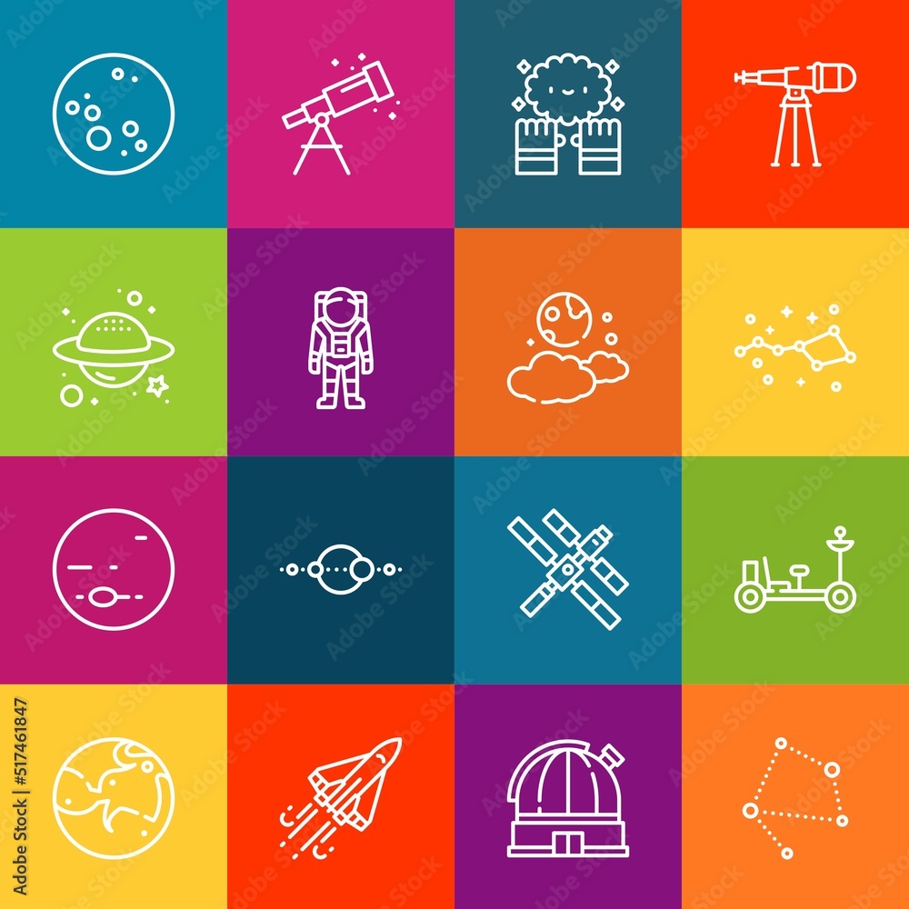 Poster modern thin line icons set of galaxy elements. premium quality outline symbol collection. simple mon