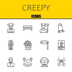 creepy vector line icons set. clown, fangs and devil Icons. Thin line design. Modern outline graphic elements, simple stroke symbols stock illustration