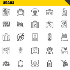 luggage vector line icons set. passport, suitcase and suitcase Icons. Thin line design. Modern outline graphic elements, simple stroke symbols stock illustration