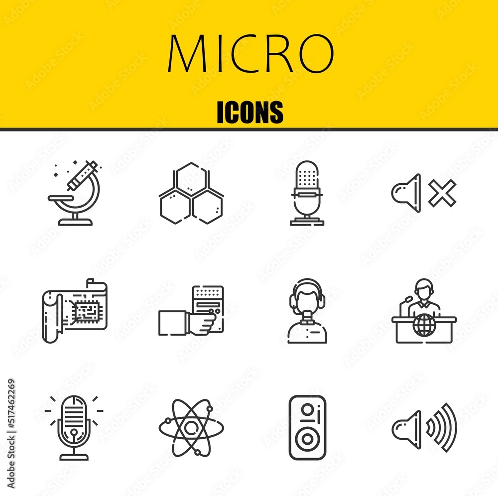 Poster micro vector line icons set. microscope, molecule and microphone icons. thin line design. modern out