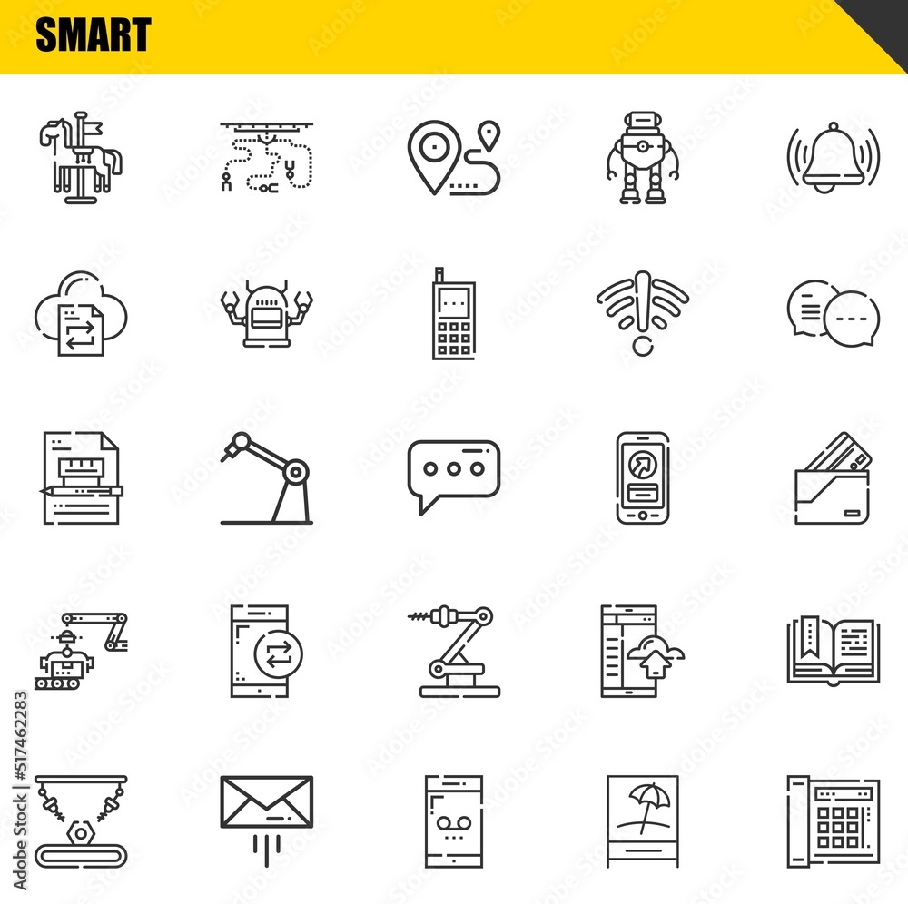 Poster smart vector line icons set. carousel, industrial robot and contract icons. thin line design. modern