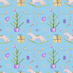 Christmas seamless pattern on a blue background. Christmas tree in a pot, gifts, toy of deer, garland, ornament, purple mitten, music triangle, and a bow on an endless print. Watercolor wallpaper.