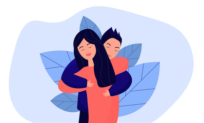 Support concept, consolation, family, friendship concept, problems, trouble, difficulties. Friend hug. Mutual assistance. Psychological help. Vector illustration. Embracing each other, expressing love