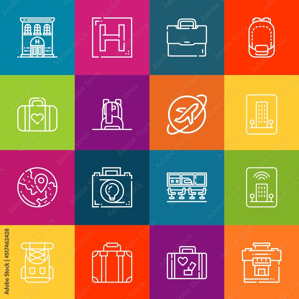 Poster modern thin line icons set of baggage elements. premium quality outline symbol collection. simple mo