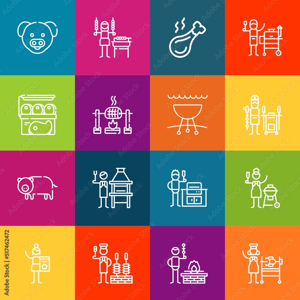 Poster modern thin line icons set of barbecue elements. premium quality outline symbol collection. simple m