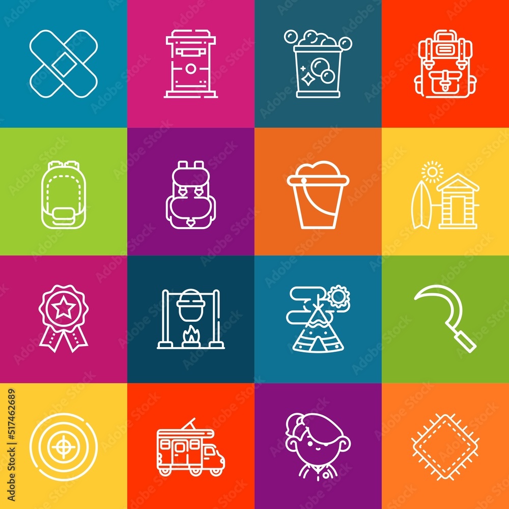 Poster modern thin line icons set of camp elements. premium quality outline symbol collection. simple mono 