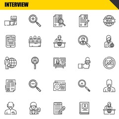 interview vector line icons set. radio, news reporter and candidate Icons. Thin line design. Modern outline graphic elements, simple stroke symbols stock illustration