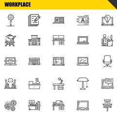 workplace vector line icons set. creative process, working and laptop Icons. Thin line design. Modern outline graphic elements, simple stroke symbols stock illustration