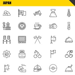 japan vector line icons set. mountain, flags and painting Icons. Thin line design. Modern outline graphic elements, simple stroke symbols stock illustration