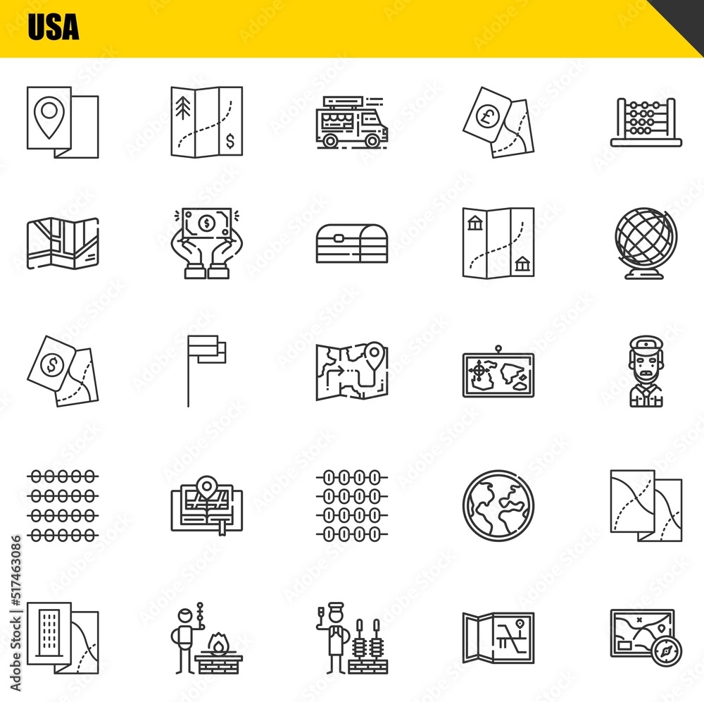 Aufkleber usa vector line icons set. map, map and map icons. thin line design. modern outline graphic elements