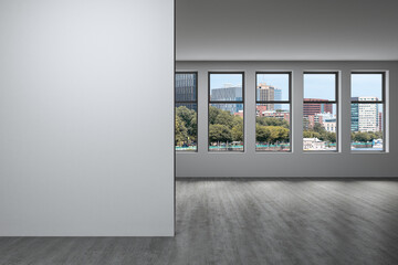 Panoramic picturesque city view of Boston at day time from modern empty room, Massachusetts. An intellectual and political center. Mockup copy space empty wall. Display concept. 3d rendering.