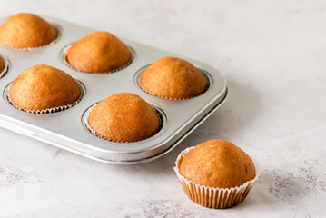 Freshly Baked Homemade Muffins Gray Background Tasty Sweet Breakfast Homemade Cakes Horizontal