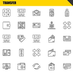 transfer vector line icons set. currency, payment method and bank Icons. Thin line design. Modern outline graphic elements, simple stroke symbols stock illustration