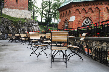 KRAKOW, POLAND - JULY 14, 2022: A street cafe in Podgorze quarter in Krakow, Poland.